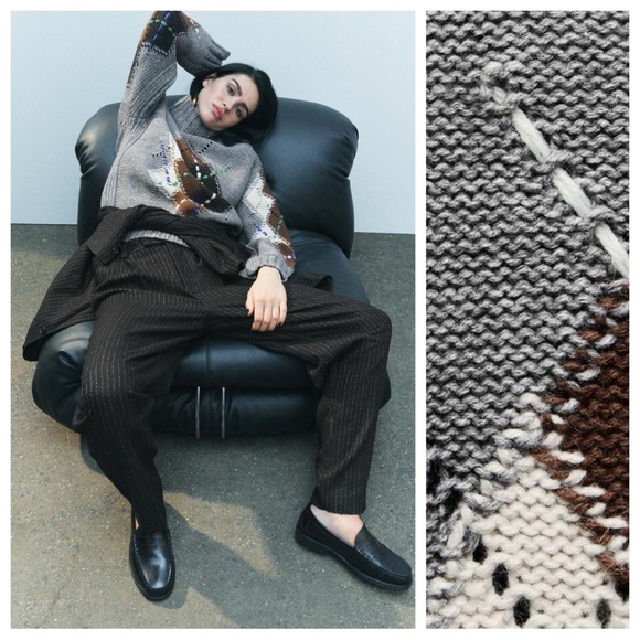 NWT. Zara Grey Marl Diamond Knit High Neck Sweater. Size M. - Picture 3 of 10